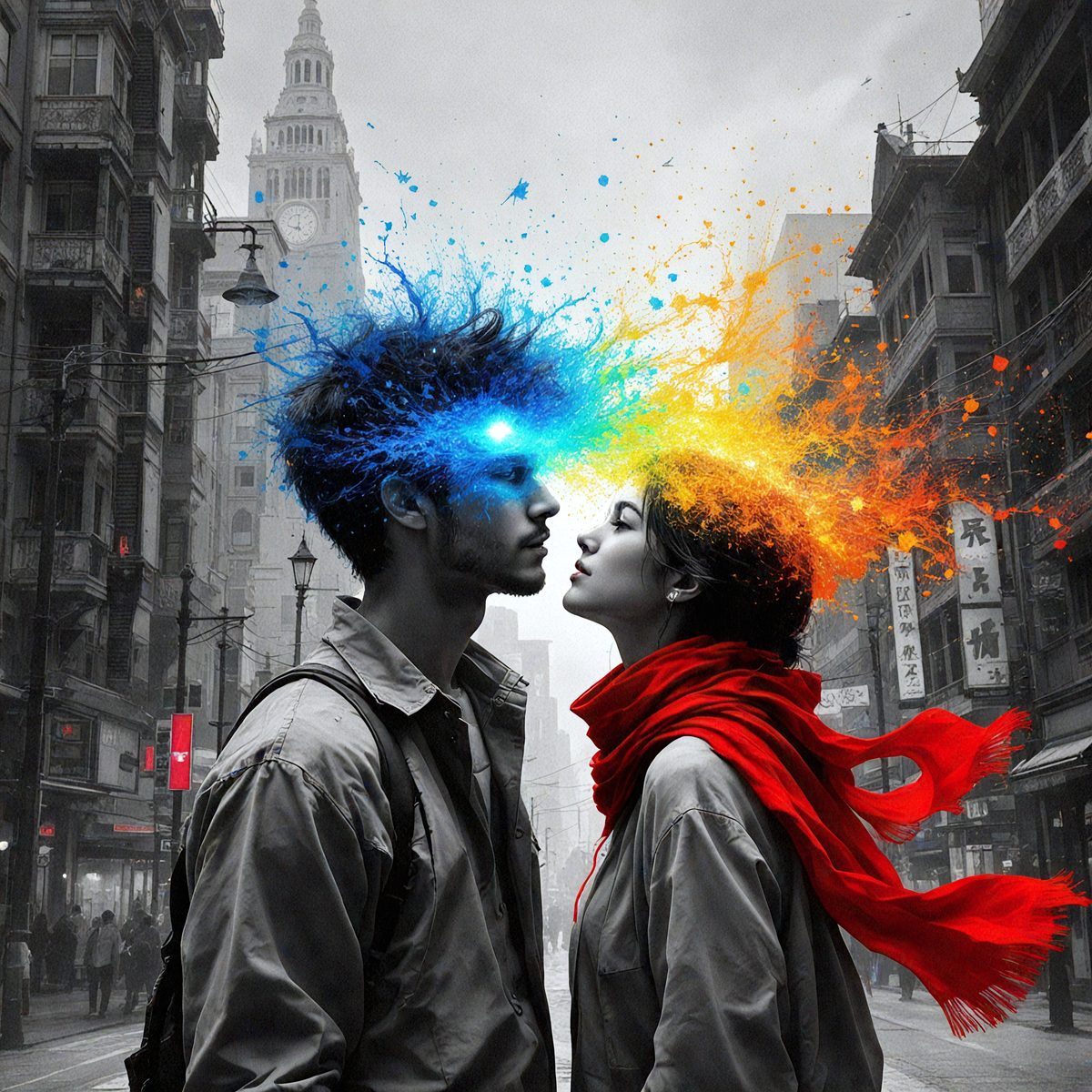 The primary subject of the image is a man and a woman standing close to each other, with the woman wearing a red scarf. They are positioned in front of a cityscape, which serves as the setting and background of the scene. The visual style of the image is a combination of photo and digital art, creating a unique and artistic representation of the couple. The colors and mood of the image are vibrant and lively, with the red scarf adding a pop of color to the scene.